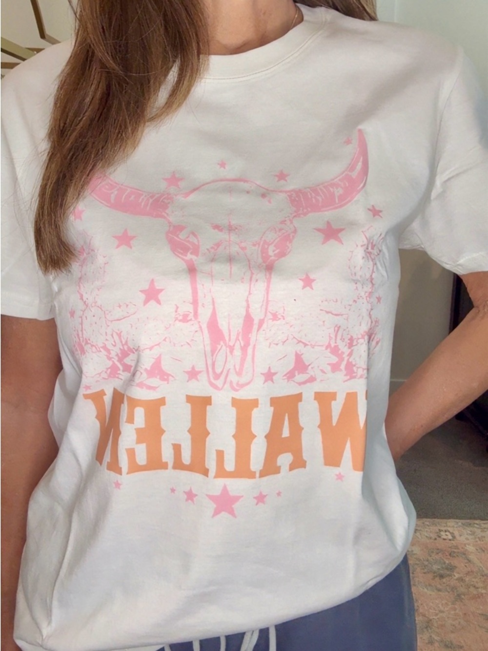 White Short Sleeve Tee with Pink Graphic and Orange Text
